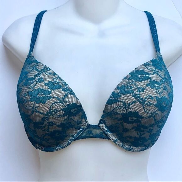 MAIDENFORM MOLDED CUP T-SHIRT TEAL LACE BRA 36D - Picture 1 of 9